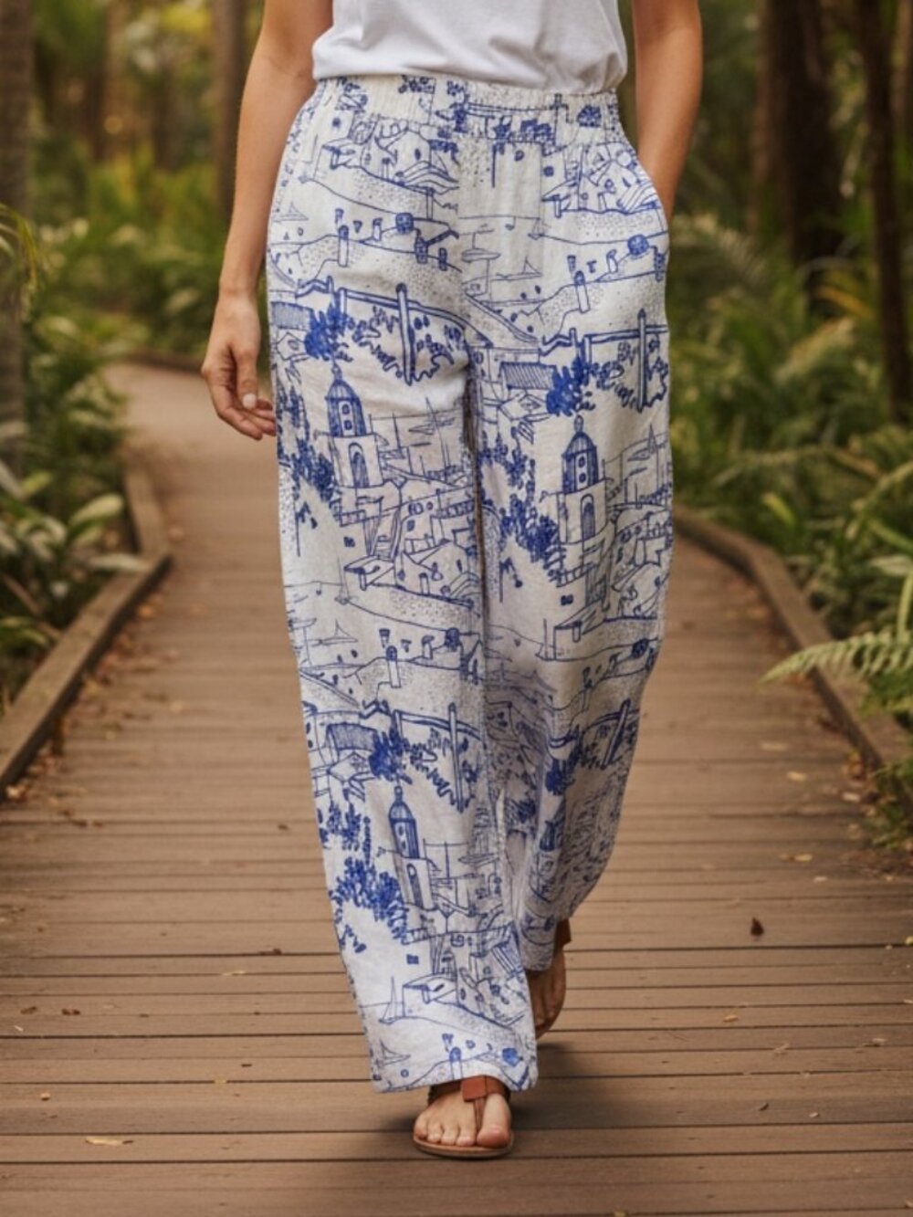 Calypso St. Barth Greece Sailboat Coastal Village Print Linen Ankle Pants size M